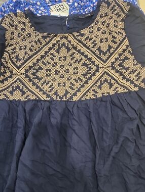 Navy and Beige Embroidered Girls' Dress